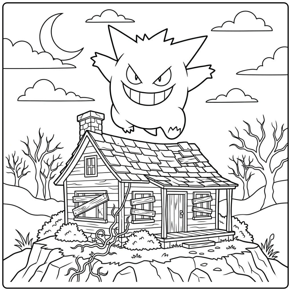 Spookachtige gengar kleurplaat met Gengar boven verlaten huis