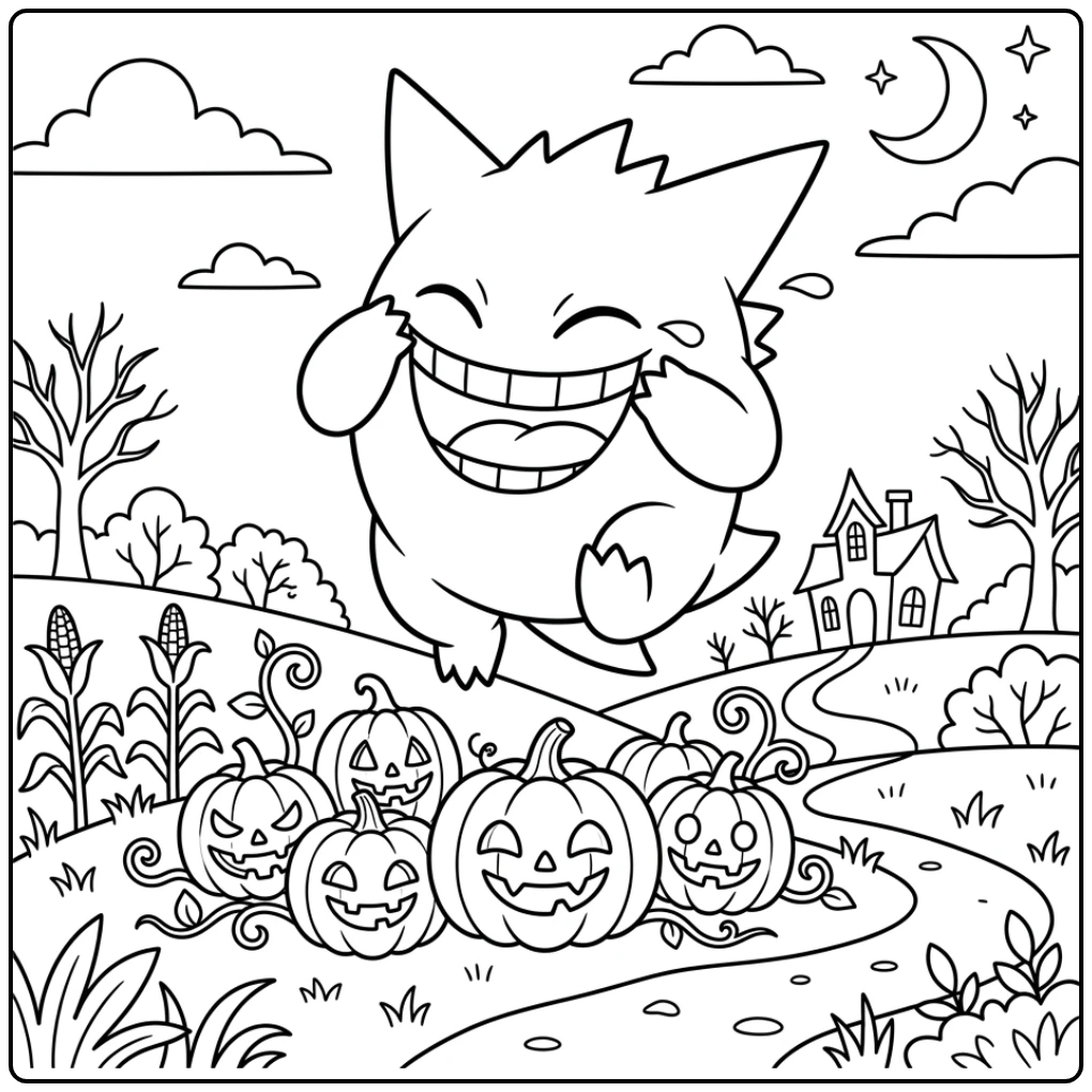 Vrolijke gengar kleurplaat zwevend boven lachende pompoenen in een veld.