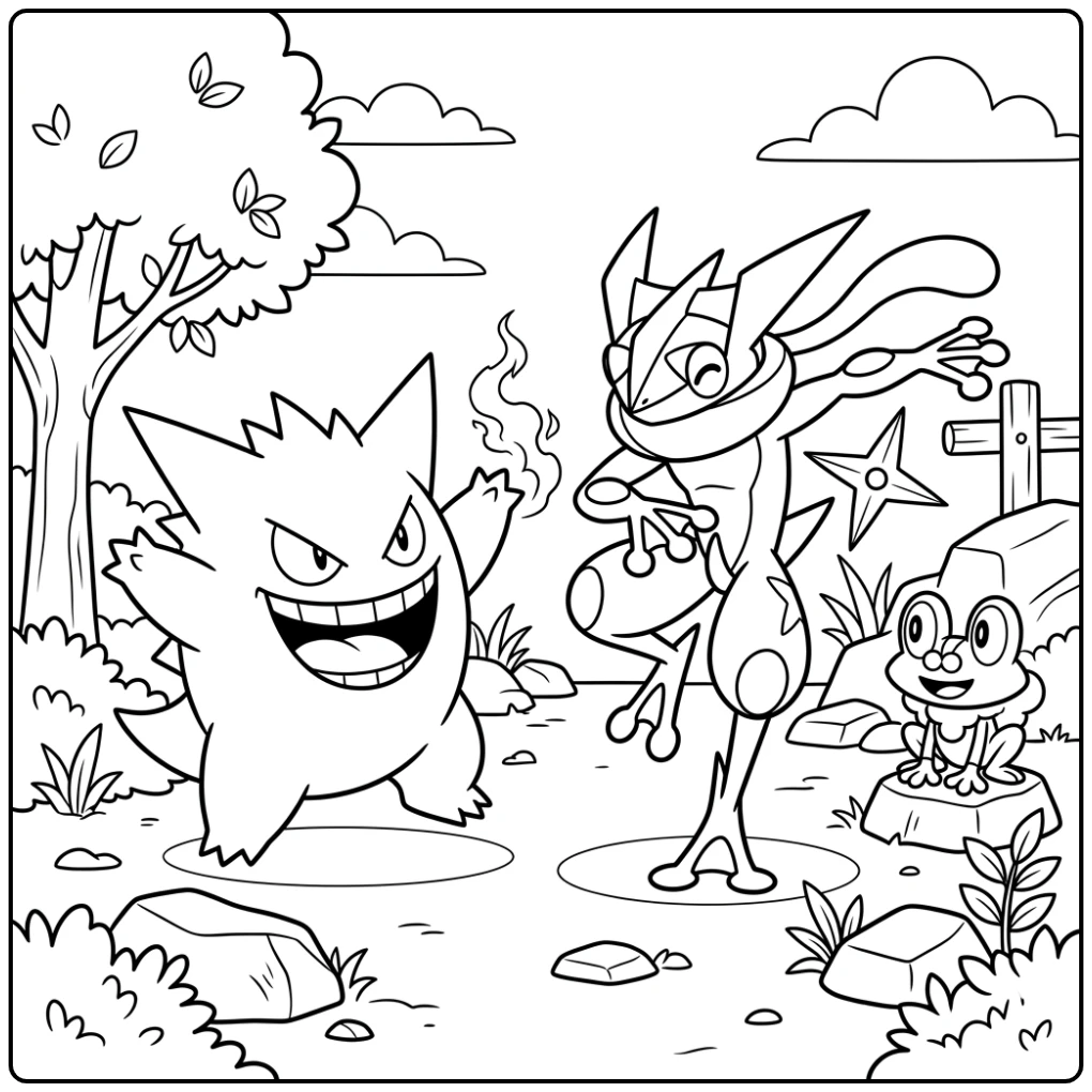 Speelse gengar kleurplaat met Gengar, Greninja en Froakie in actie.