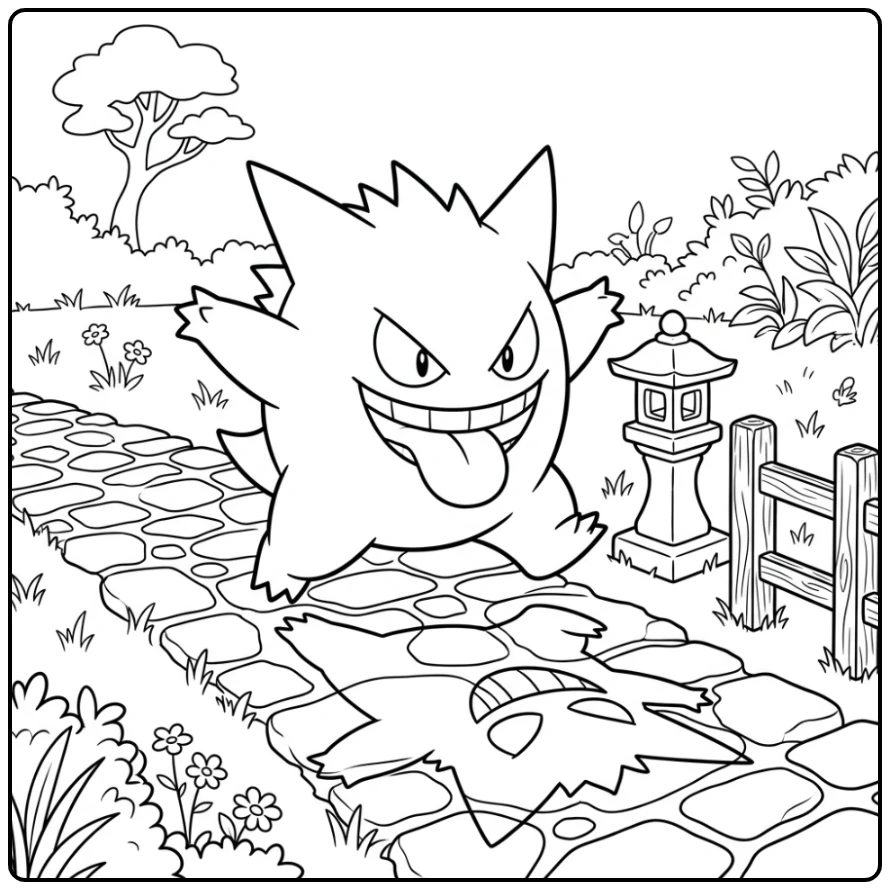 Speelse gengar kleurplaat jaagt schaduw op stenen pad met lantaarn.