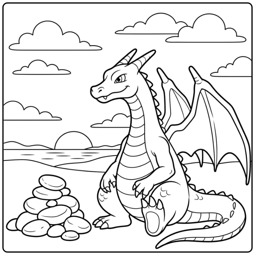 Charizard kleurplaat: Ontspannen Charizard kijkt naar de zonsondergang.