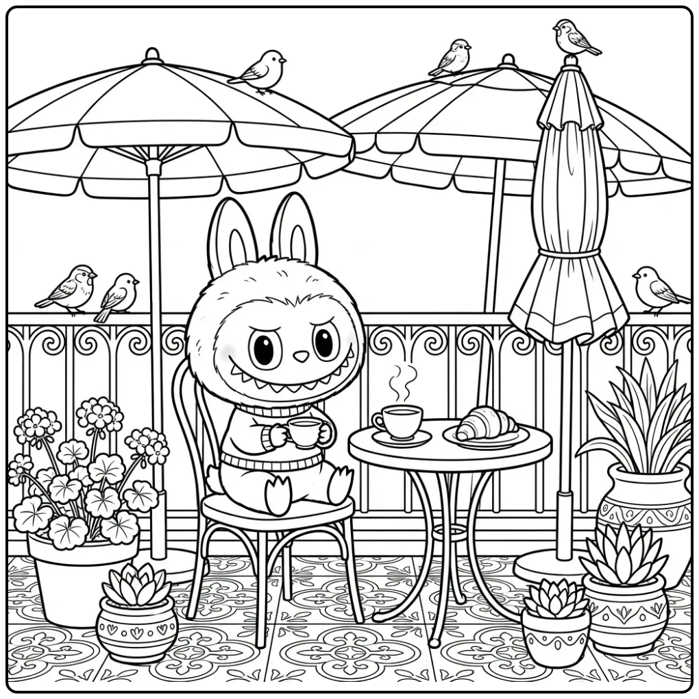 Schattige labubu kleurplaat have a seat op een terrasstoel.