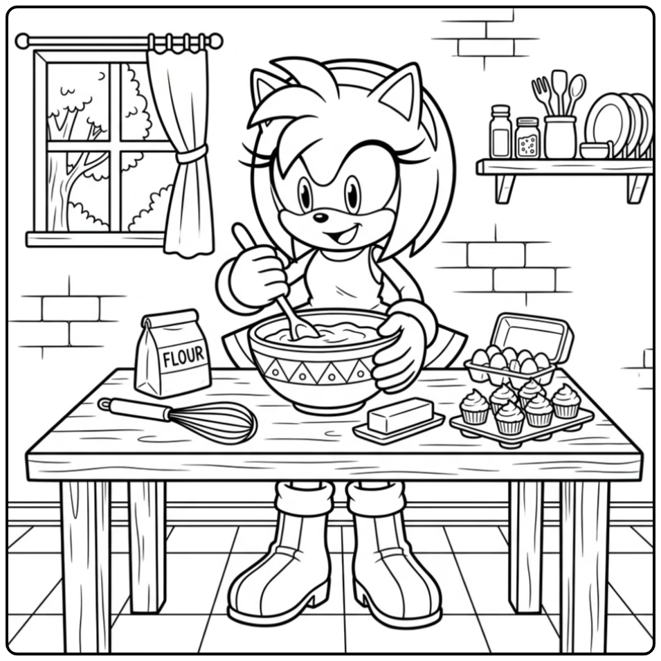 Amy Rose bakt cupcakes, een vrolijke amy sonic kleurplaat.