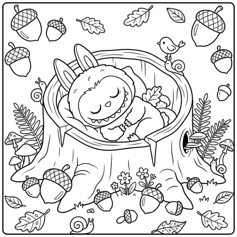 Een slapende labubu kleurplaat cute in een holle boomstam.