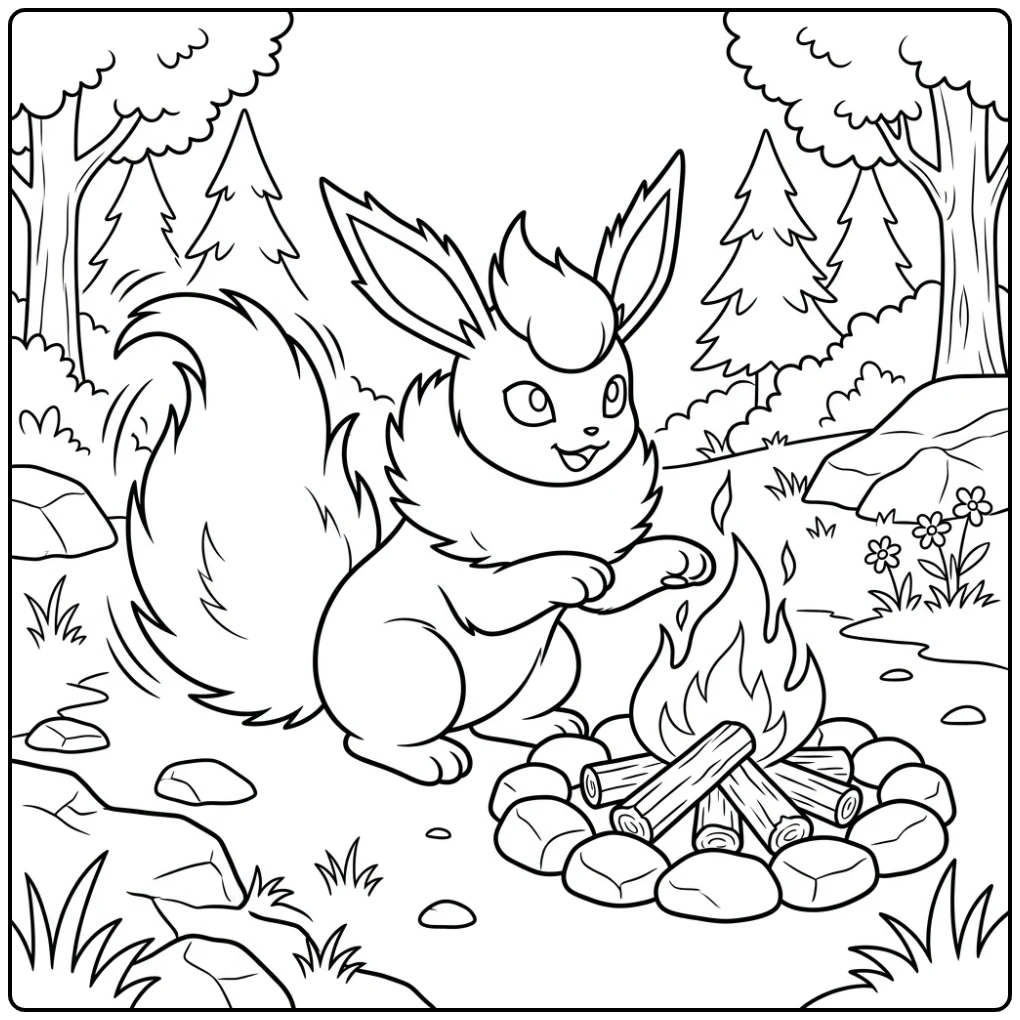 Speelse flareon kleurplaat: Flareon warmt poten bij kampvuur.