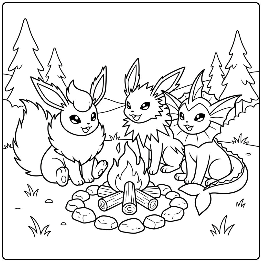 Vrolijke flareon kleurplaat met Vaporeon en Jolteon bij kampvuur.