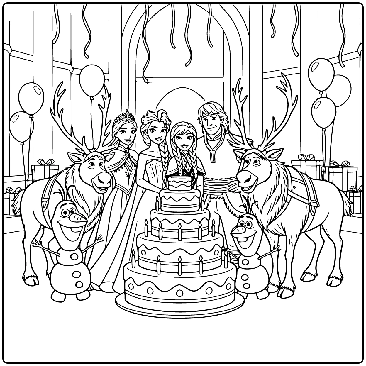 Mooie kleurplaat frozen verjaardag met Anna en Elsa.