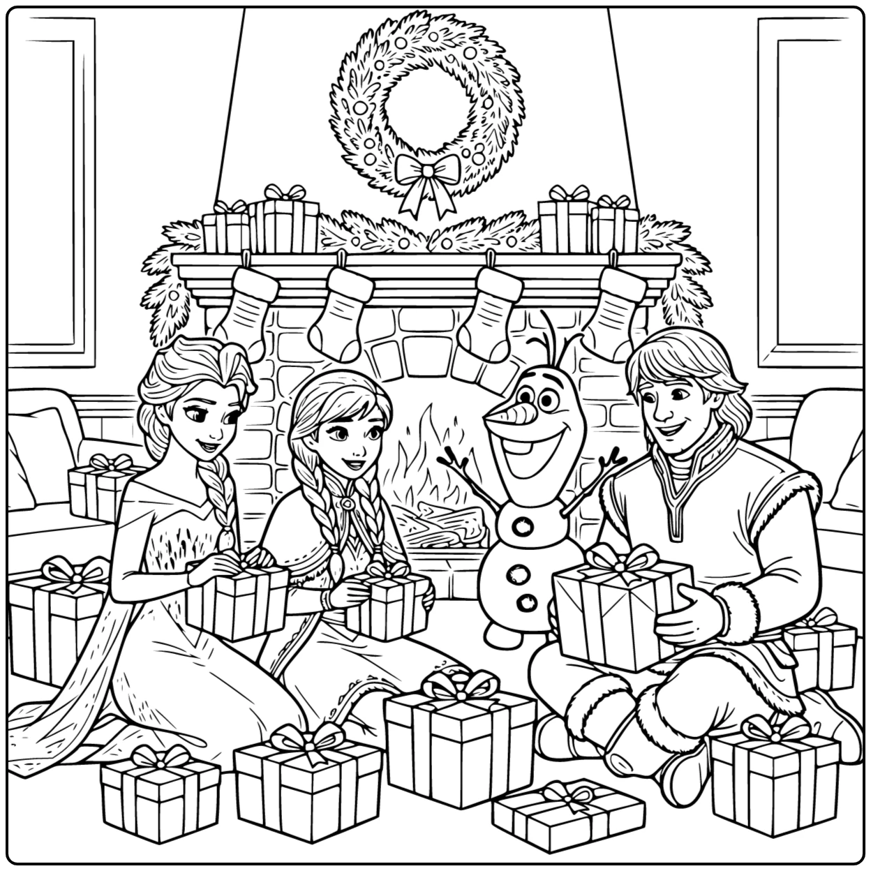 Mooie kleurplaat kerst frozen met Elsa bij de open haard.