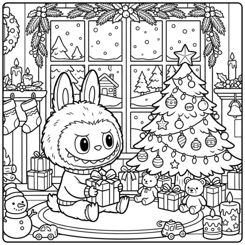 Schattige kleurplaat labubu kerst zittend bij de boom.