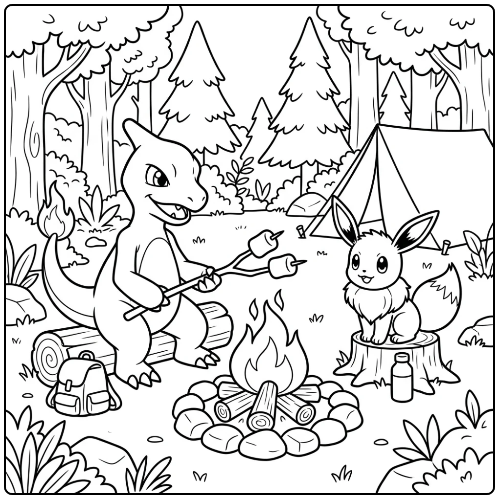 Speelse kleurplaat pokemon charmeleon met Eevee bij kampvuur.