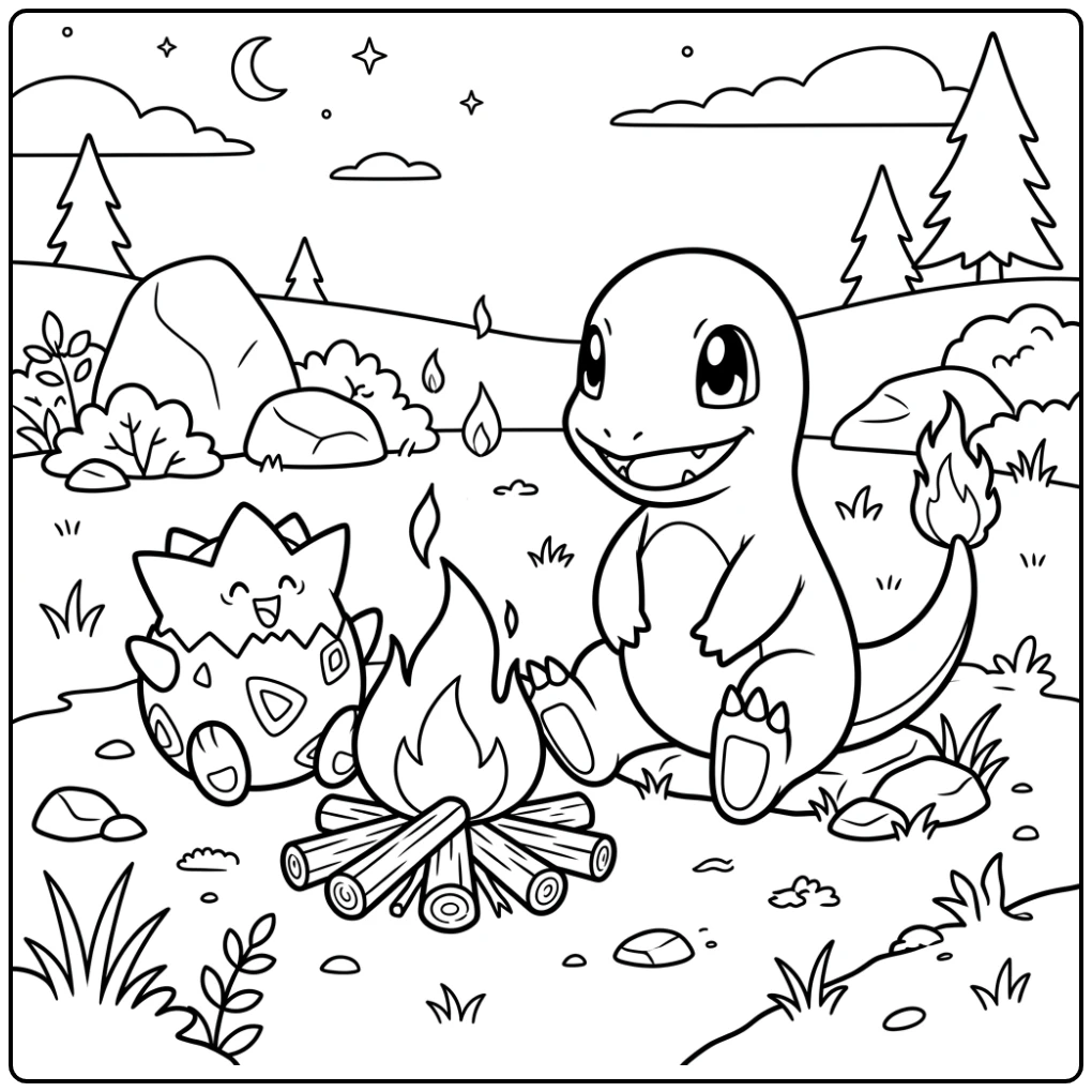 Leuke kleurplaat pokemon schattig met Charmander en Togepi bij kampvuur.