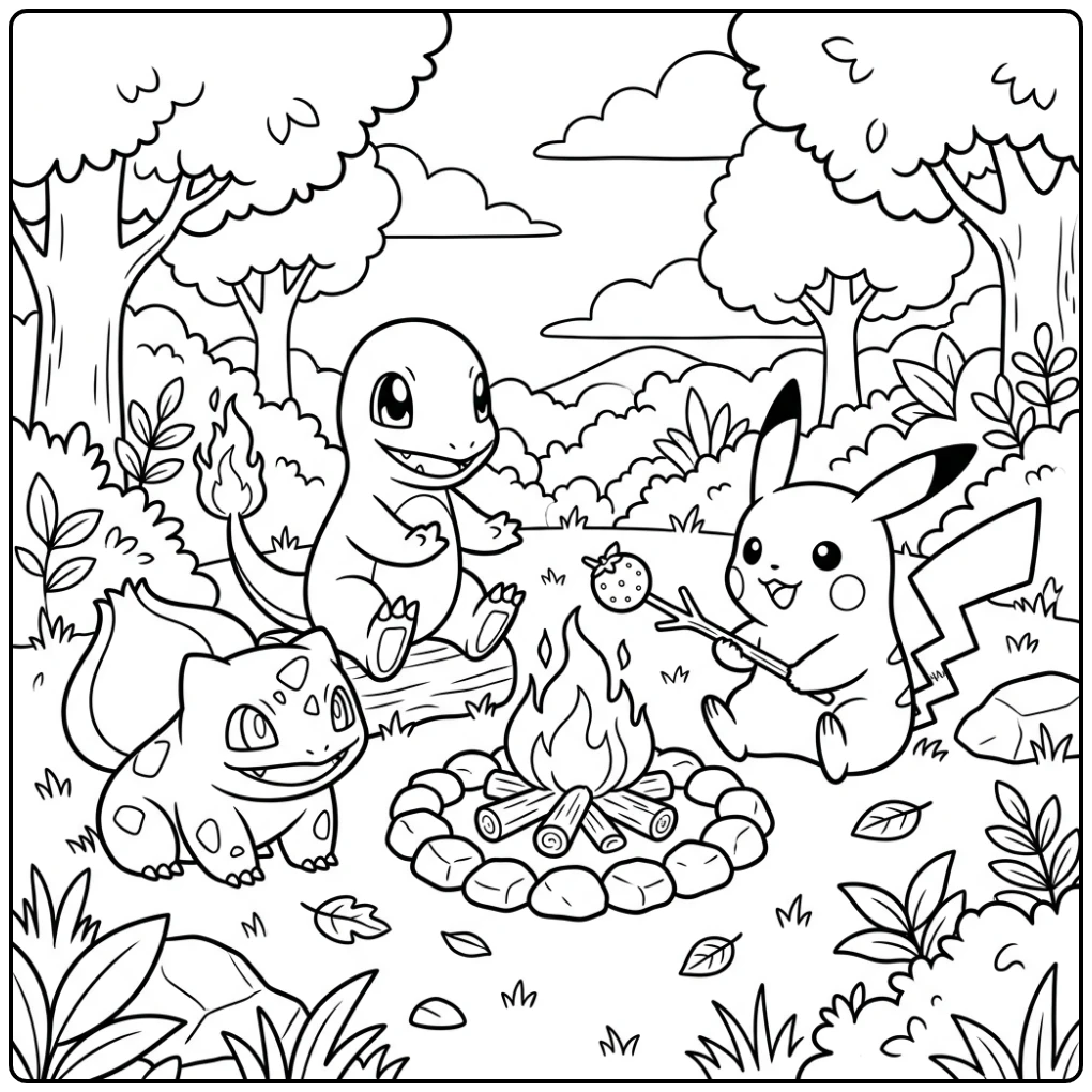 kleurplaat pokemon schattig met Charmander, Bulbasaur & Pikachu bij het kampvuur.