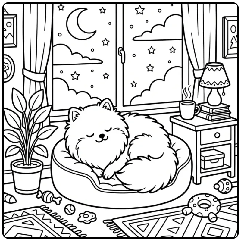 Schattige kleurplaat pomeriaan slapend in mandje bij raam.