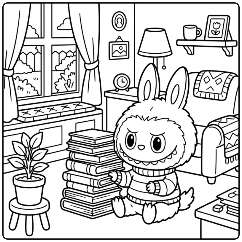Schattige labubu kleurplaat cute naast boeken in een hoekje.