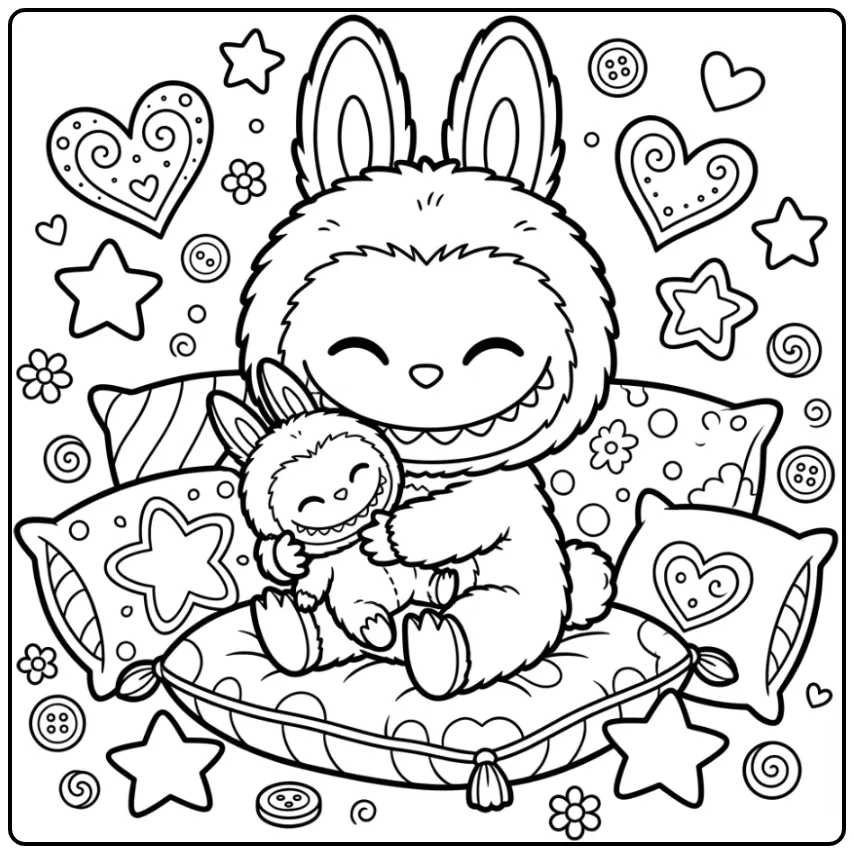 Schattige labubu pop kleurplaat met kussens en hartjes