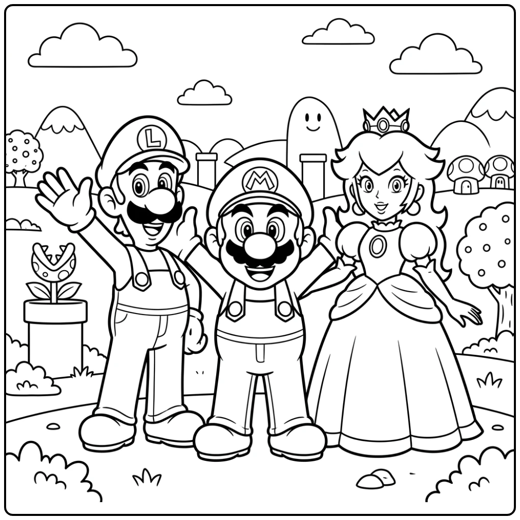 Mario kleurplaat met Mario, Luigi en Peach in het Paddenstoelenrijk.