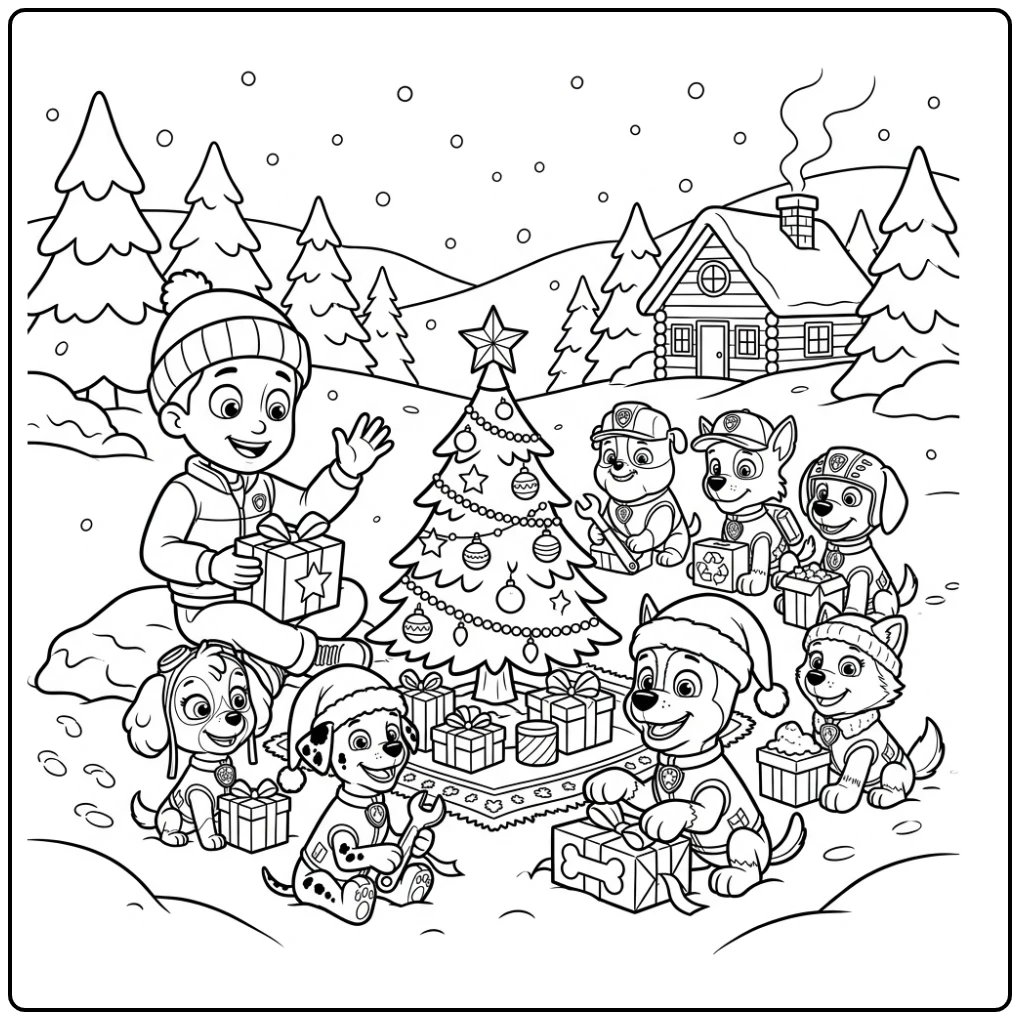 Leuke paw patrol kerst kleurplaat van Ryder en pups bij boom.