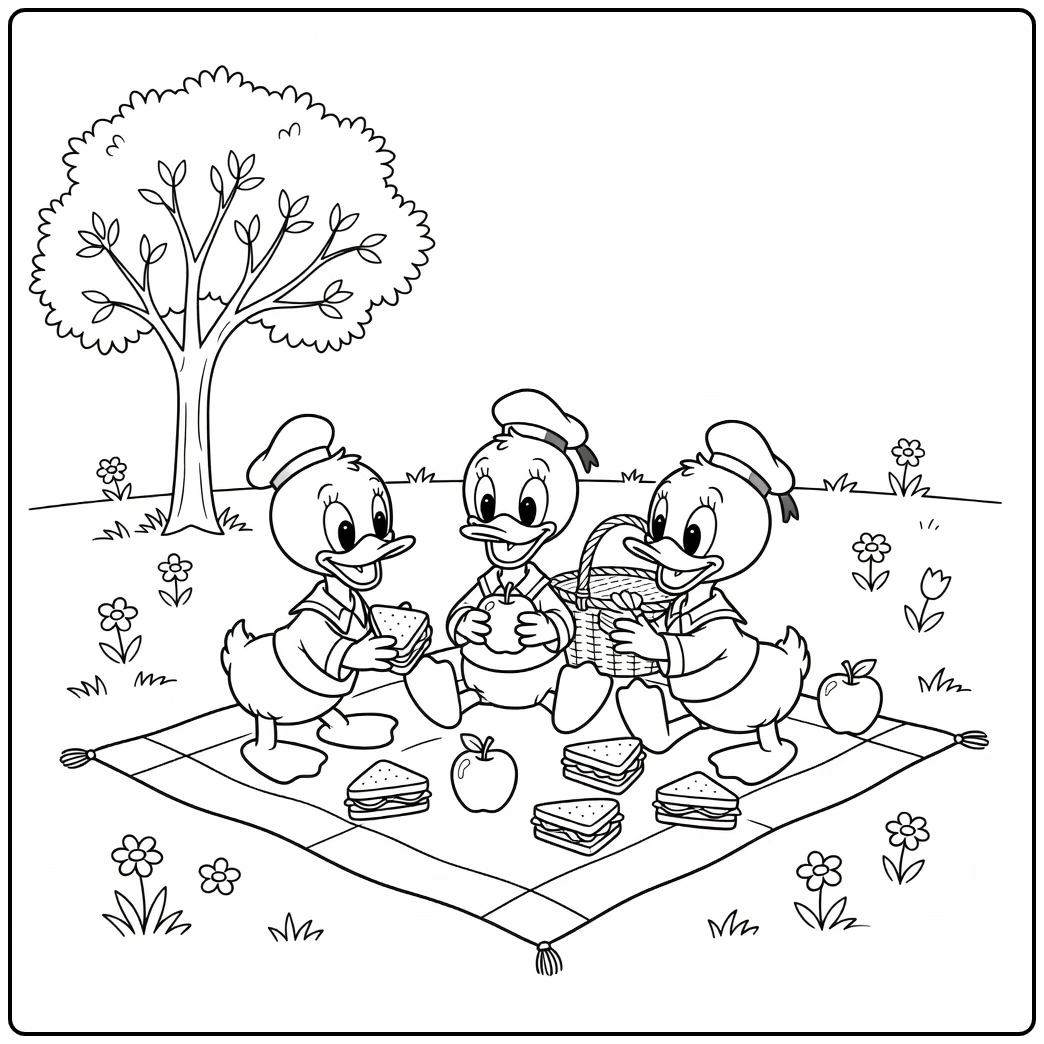 Kwik Kwek en Kwak picknicken in de natuur, kleurplaat kwik kwek en kwak