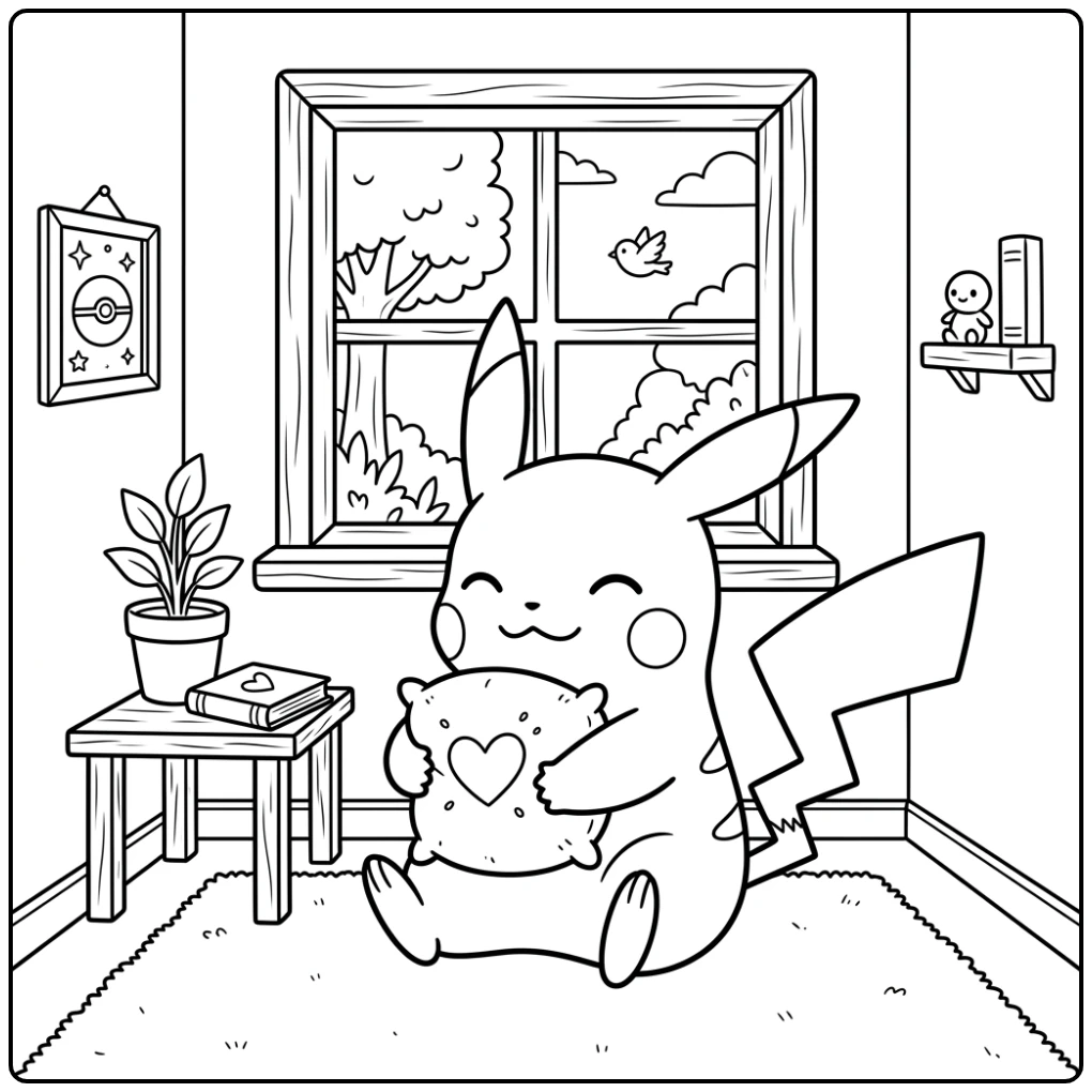 Schattige pikachu kleurplaat knuffelend met een rond kussen.