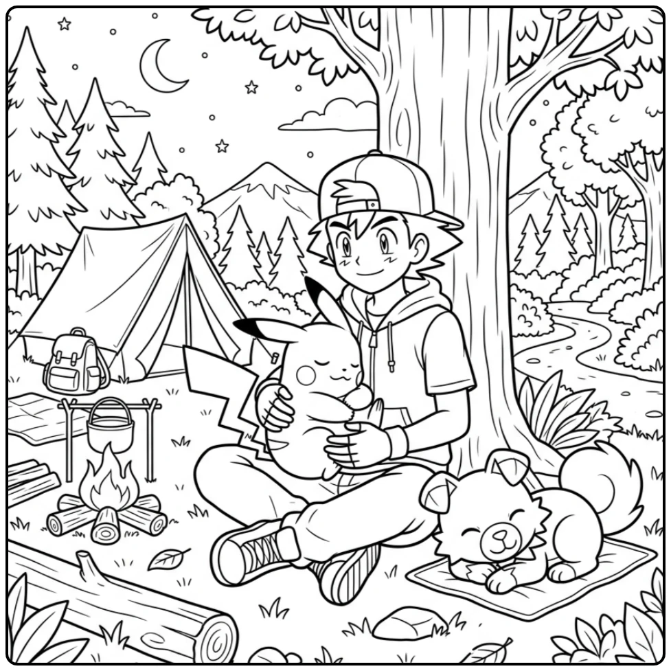 pikachu kleurplaat van Pikachu, Satoshi en Rockruff op kamp.