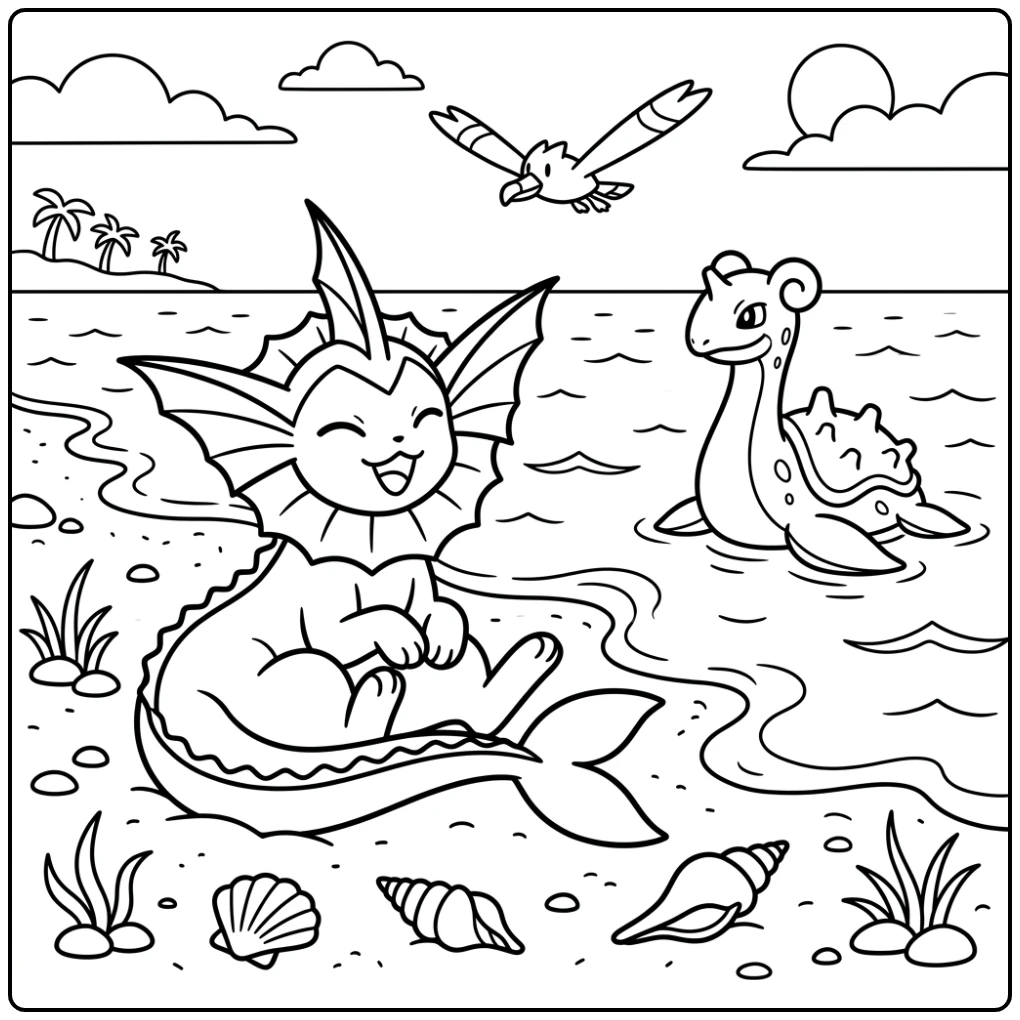 Vaporeon kleurplaat: Vaporeon en Lapras genieten aan een rustig strand.