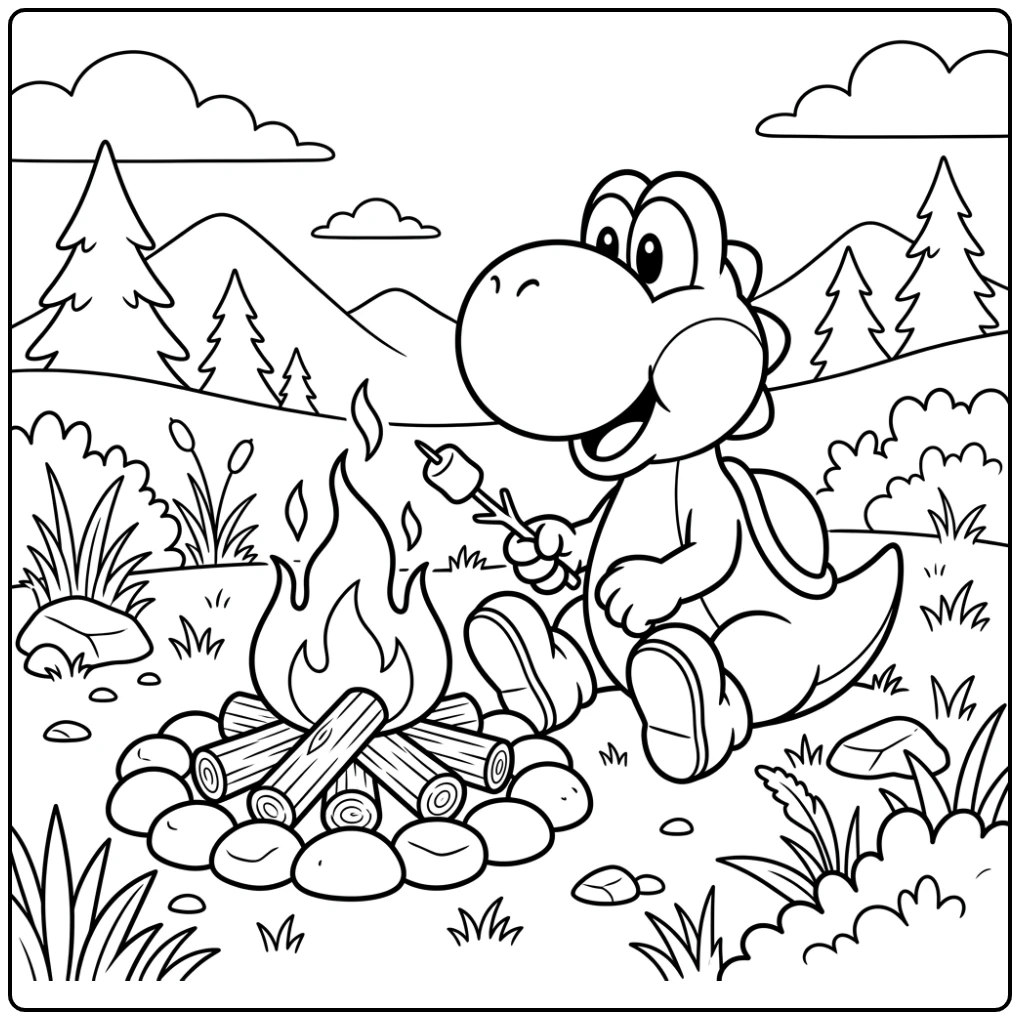 Yoshi kleurplaat van Yoshi rustend bij een kampvuur met stenen en hout.