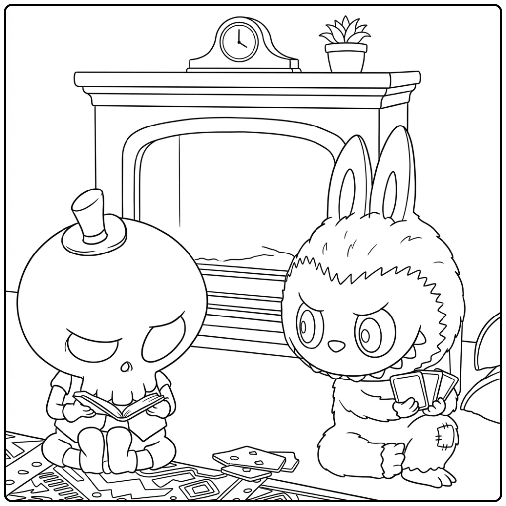 Gezellige zondag labubu kleurplaat: Labubu en skelet bij de haard.