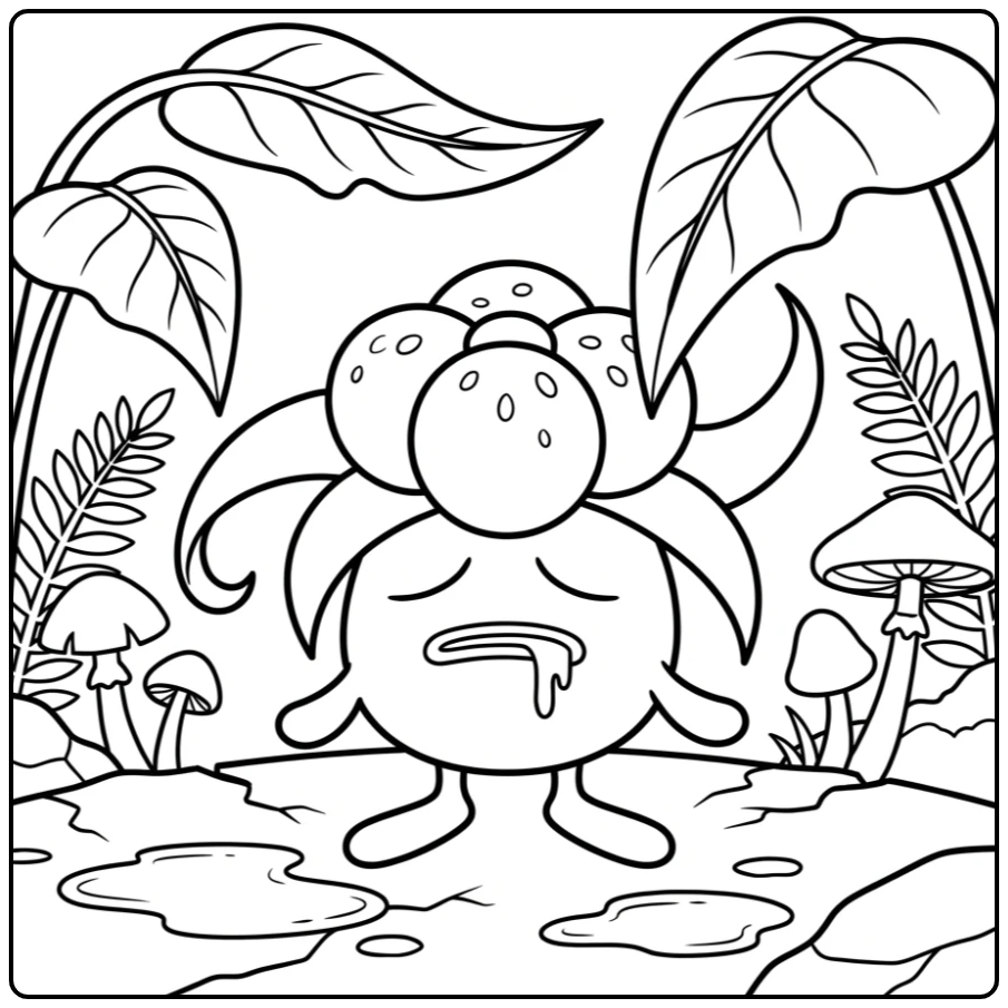 Gloom kleurplaat in een vochtig bos met grote bladeren.