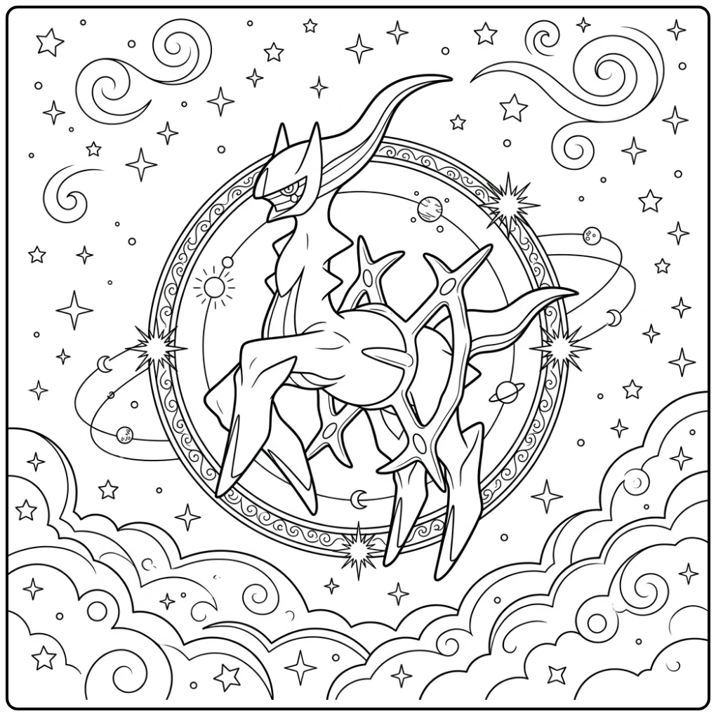 Majestueuze pokemon kleurplaat arceus zweeft rustig met sterren.