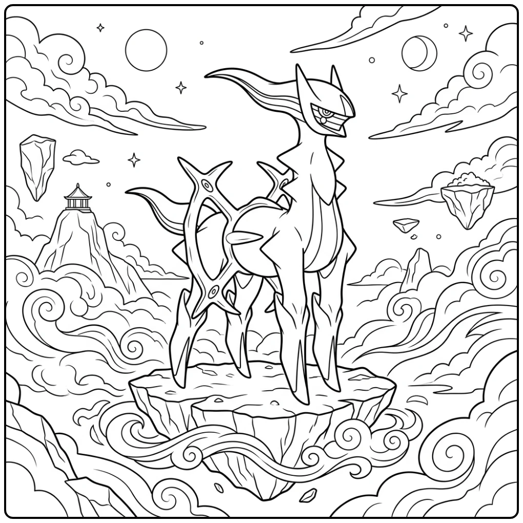Majestueuze pokemon kleurplaat arceus op zwevend eiland met wolken.
