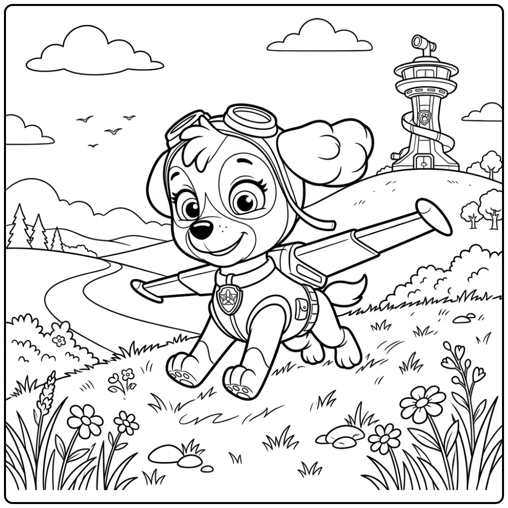 skye paw patrol kleurplaat: Skye landt gracieus na haar reddingsmissie.