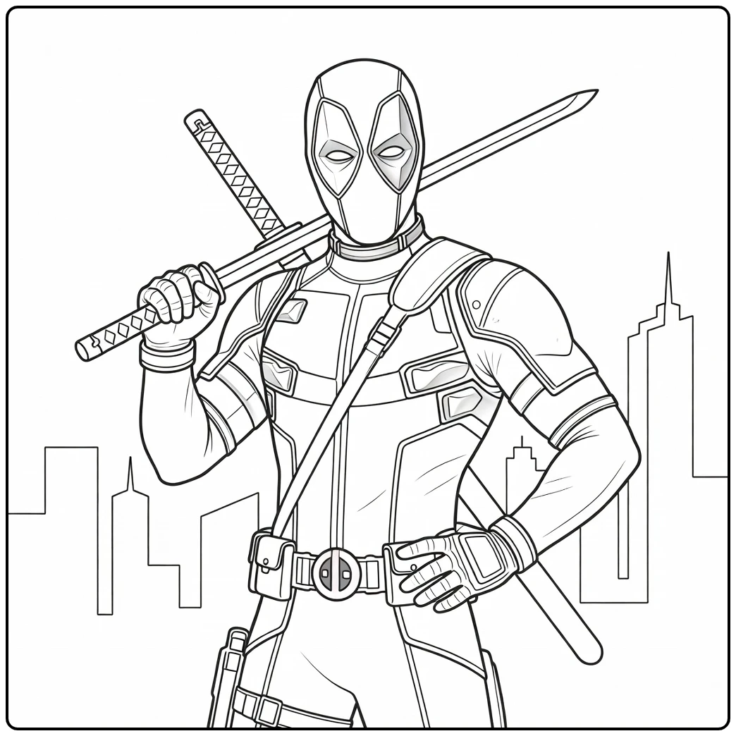 Stoere deadpool kleurplaat met katana en stadsachtergrond.