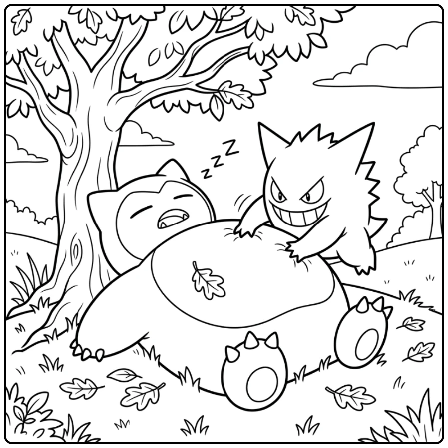 Gengar kleurplaat: Gengar kietelt slapende Snorlax onder een boom.