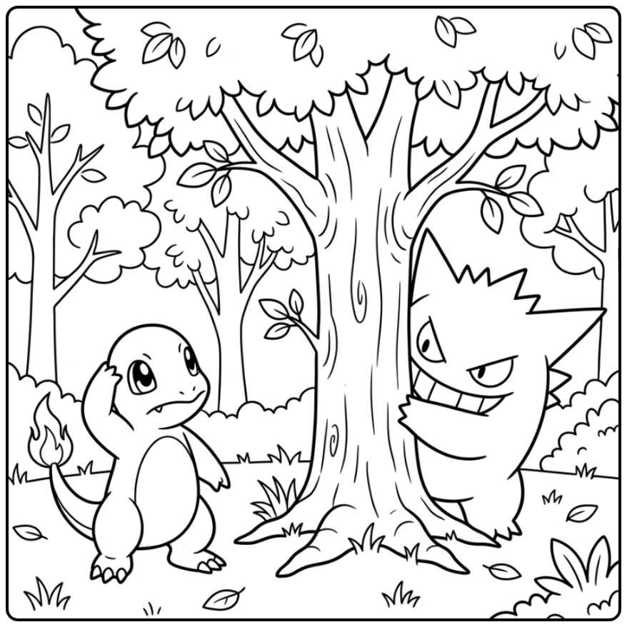 Gengar kleurplaat: speelse Gengar plaagt Charmander achter boom.