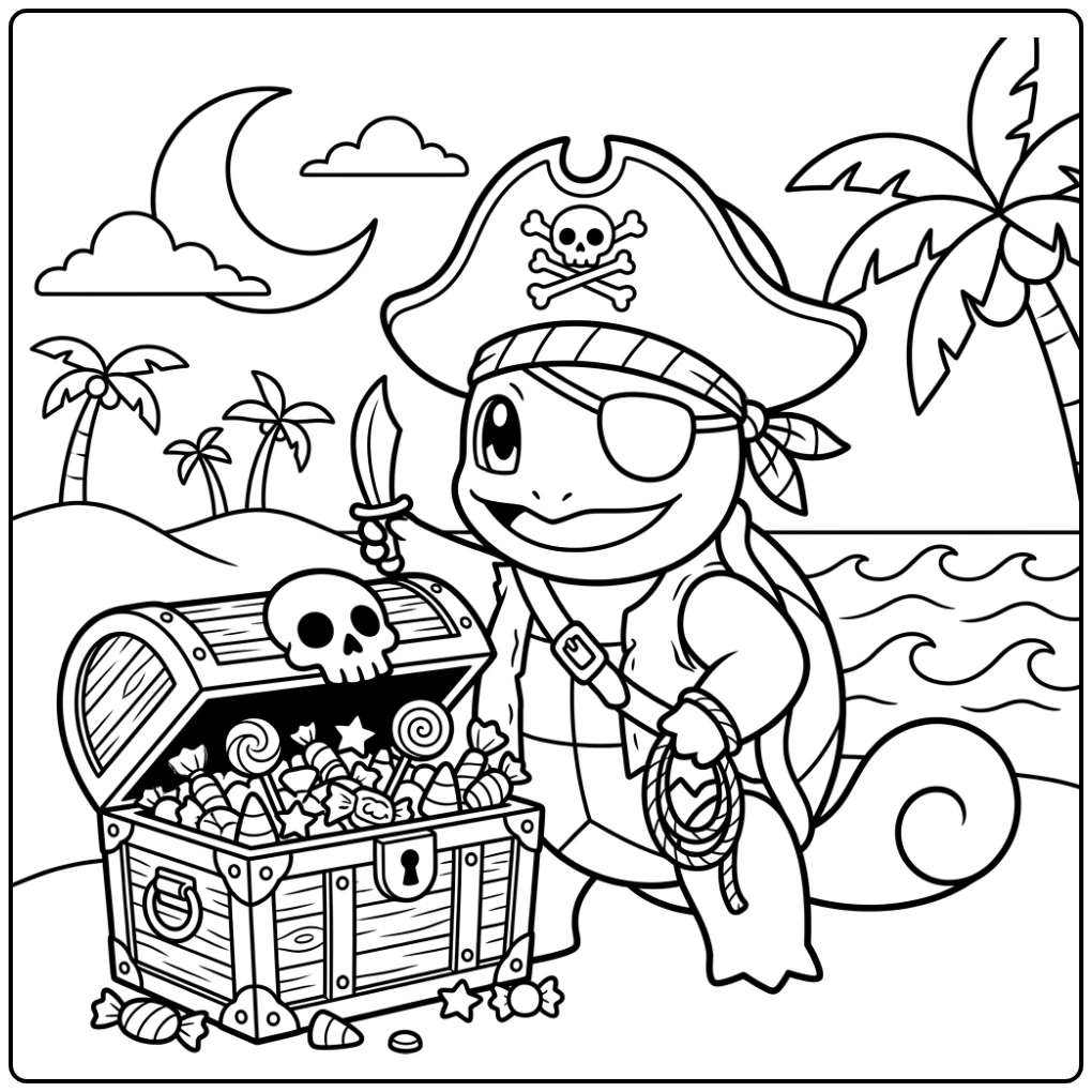 kleurplaat halloween pokemon met Squirtle als piraat bij snoepschat.