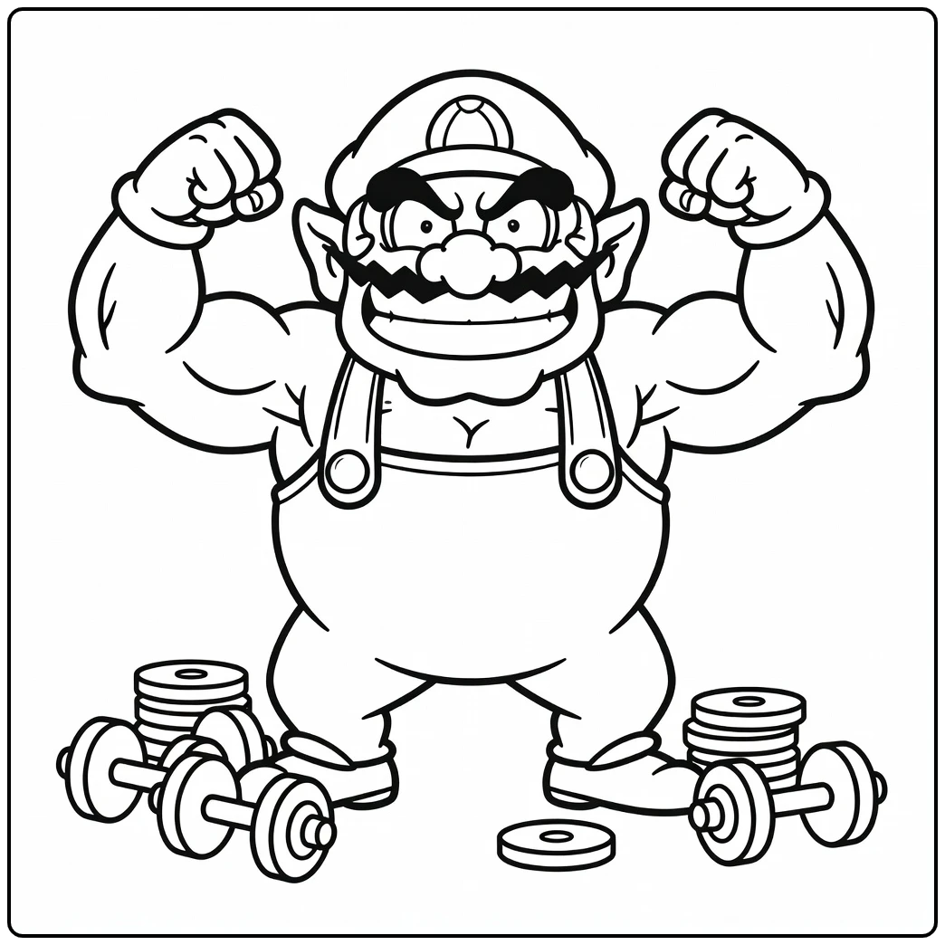 Leuke wario kleurplaat: Wario spant zijn spieren aan.