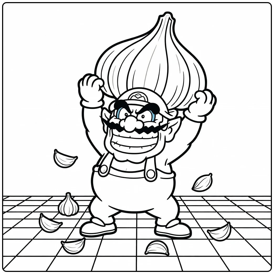 Lachende wario kleurplaat met een grote knoflook in zijn hand.