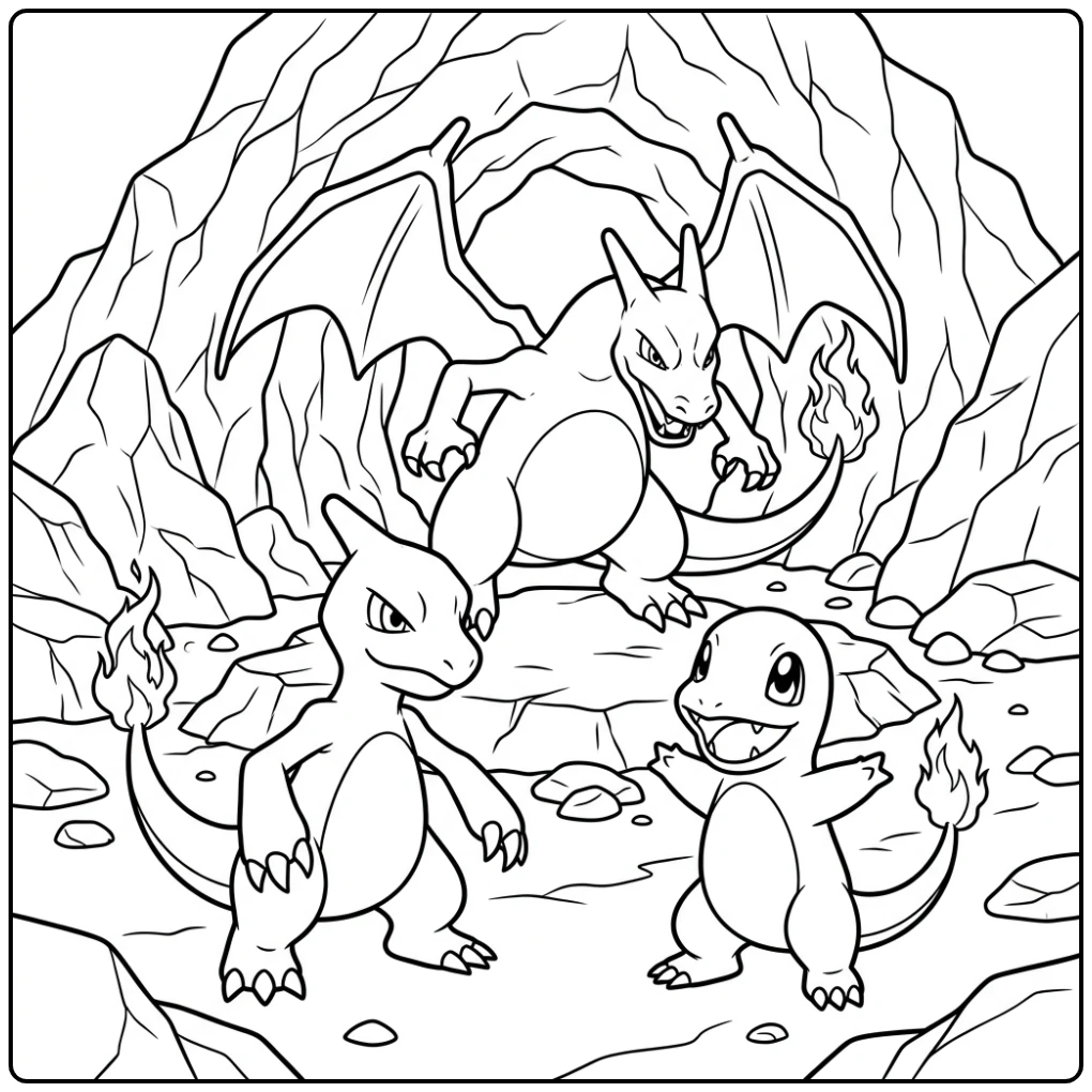 Leuke kleurplaat charmander charmeleon charizard bij grot.
