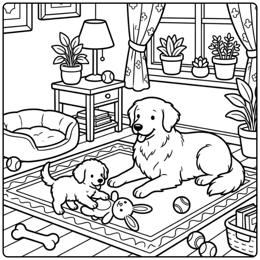 Leuke kleurplaat honden puppies spelend in de woonkamer.