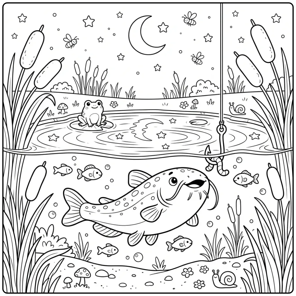 Leuke kleurplaat meerval zwemmend bij maanlicht.