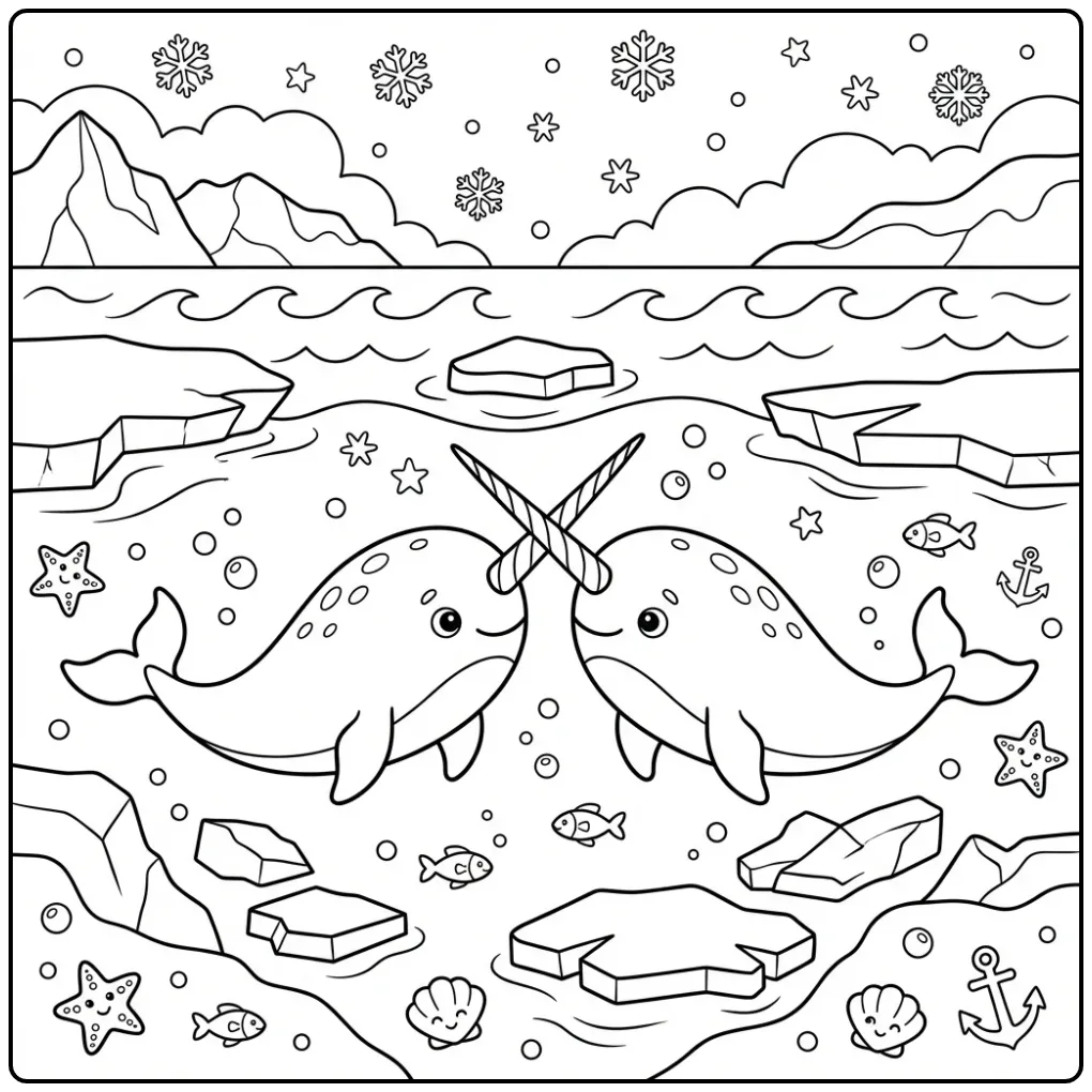 Leuke kleurplaat narwal met twee vrienden onder het ijs.