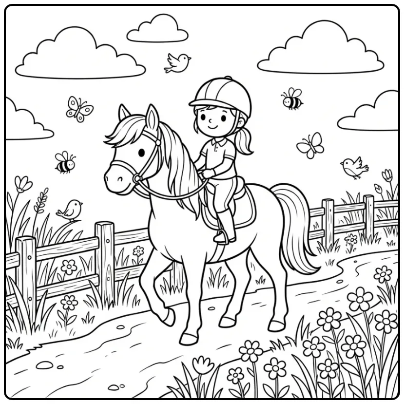 Een schattige kleurplaat paard met ruiter op een landweg.