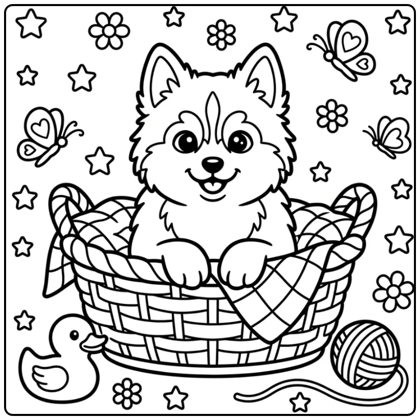 Kleurplaat schattige puppy in een mandje met wol en vlinders.