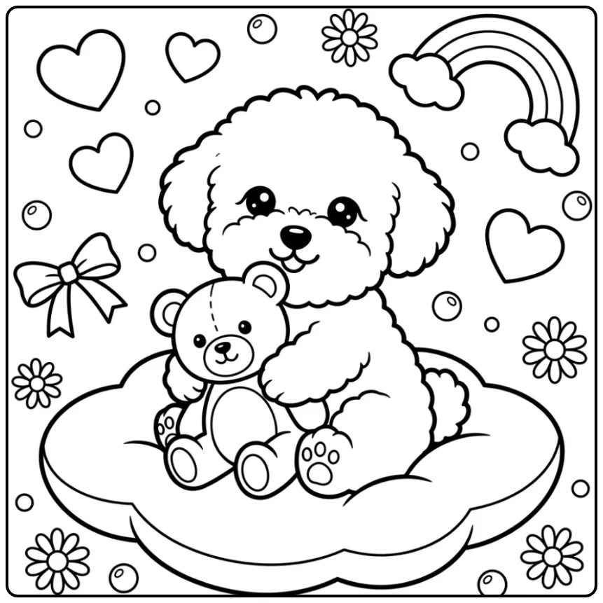 Kleurplaat schattige puppy met teddybeer op een zachte wolk.