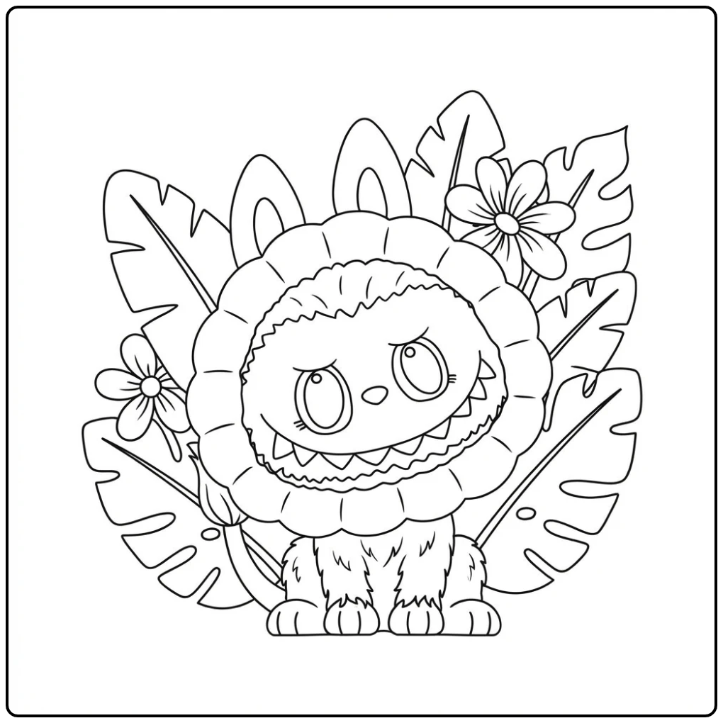 Zwart-wit Leeuw Labubu Kleurplaat met bloemen en bladeren.