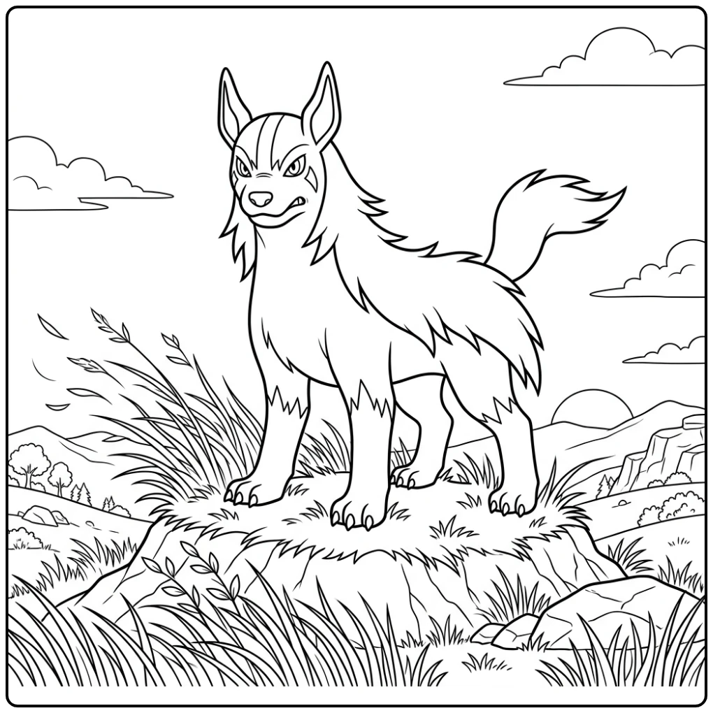 Stoere Pokemon Mightyena kleurplaat op een winderige heuvel.