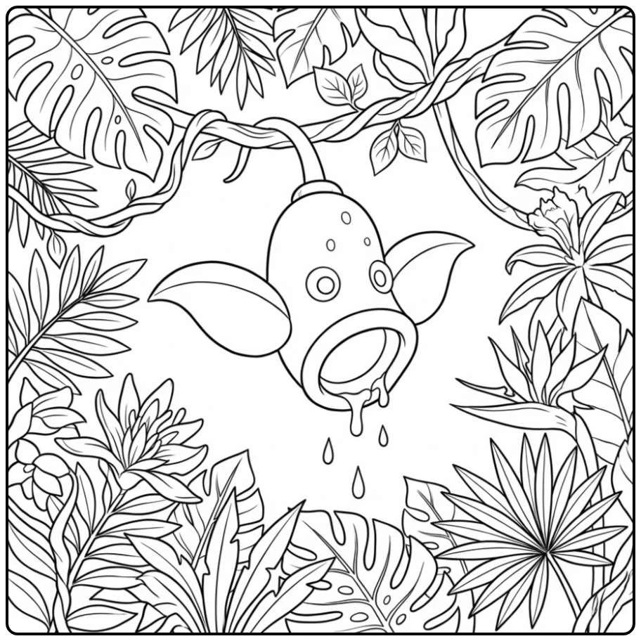 Leuke Pokemon Weepinbell kleurplaat in een dichte jungle.