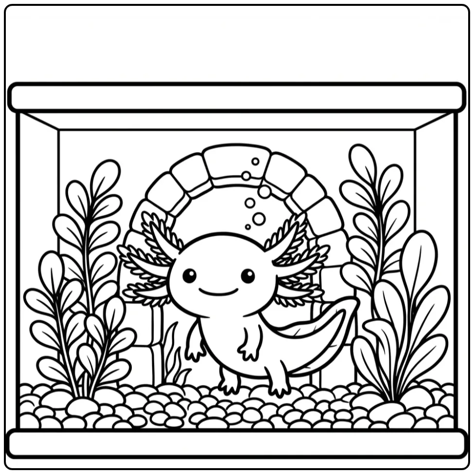 Een vrolijke en schattige axolotl kleurplaat in aquarium.