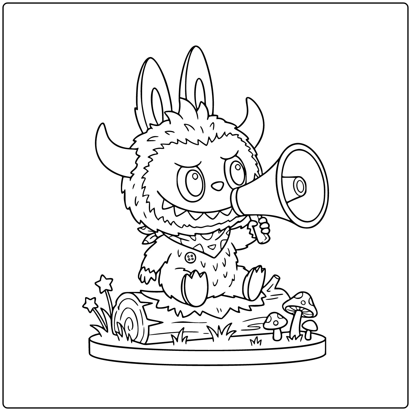 Schattige Stier kleurplaat monster met megafoon op een stam.