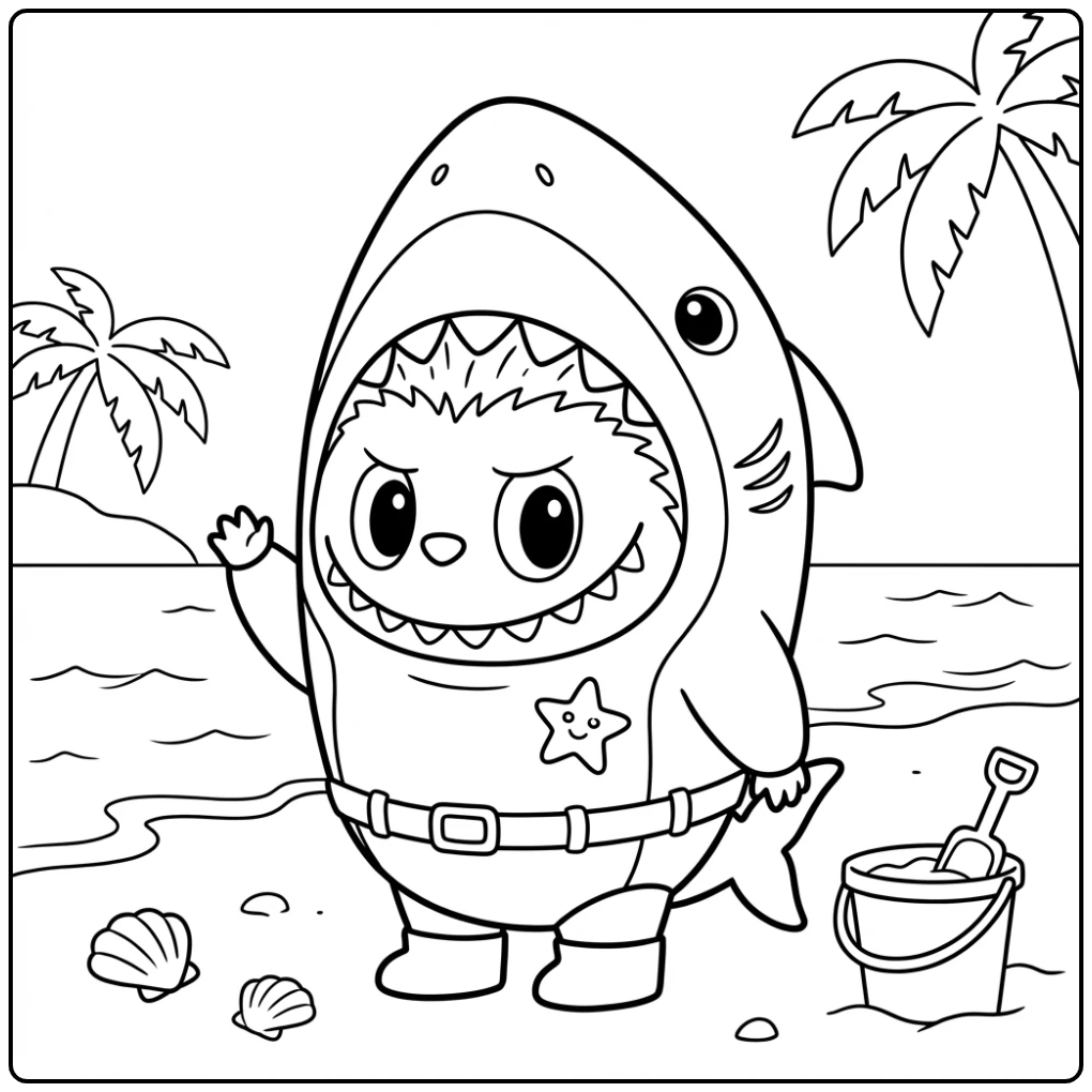 Een Walvis Labubu Kleurplaat van een karakter in een haaienpak.